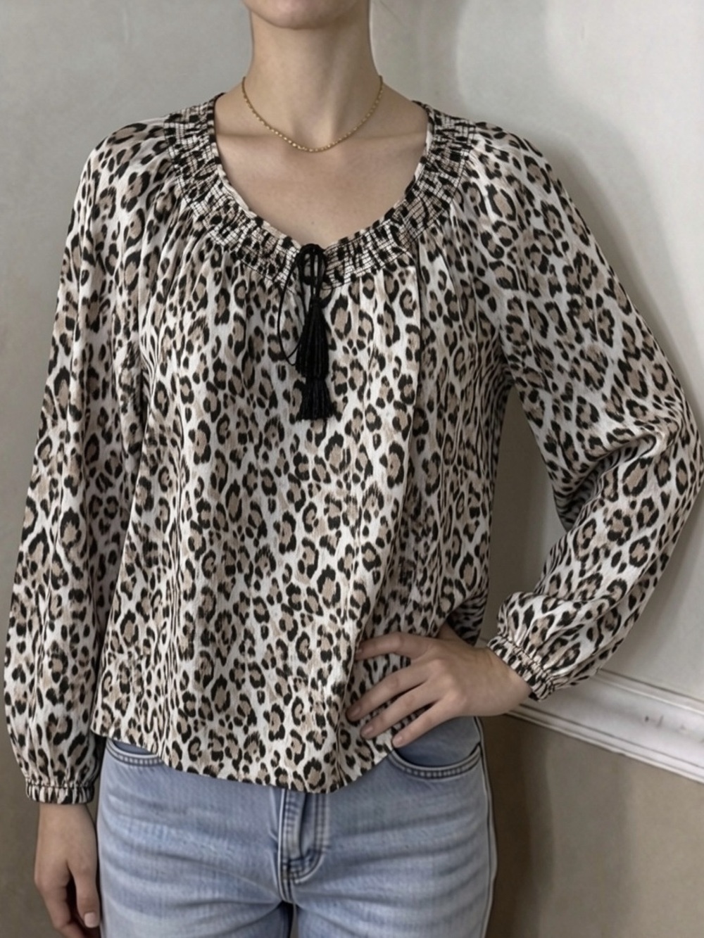 🤎 5 for $20! Leopard Print Peasant Blouse - Cream/Black